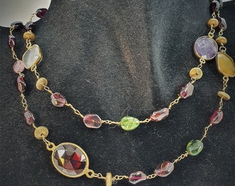 Gold-filled Wire Necklace with Garnet & Various stones