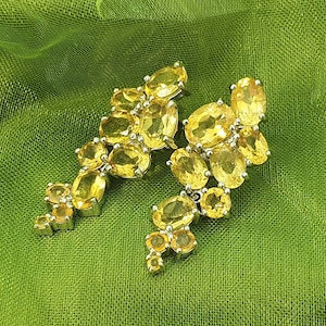 May include: A pair of dangle earrings featuring a cluster of yellow gemstones. The earrings are made of silver and have a delicate, cascading design.