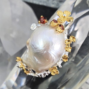 Baroque Pearl & Ruby Pendant 2-Tone 14K Yellow Gold Plate 925 Sterling Silver