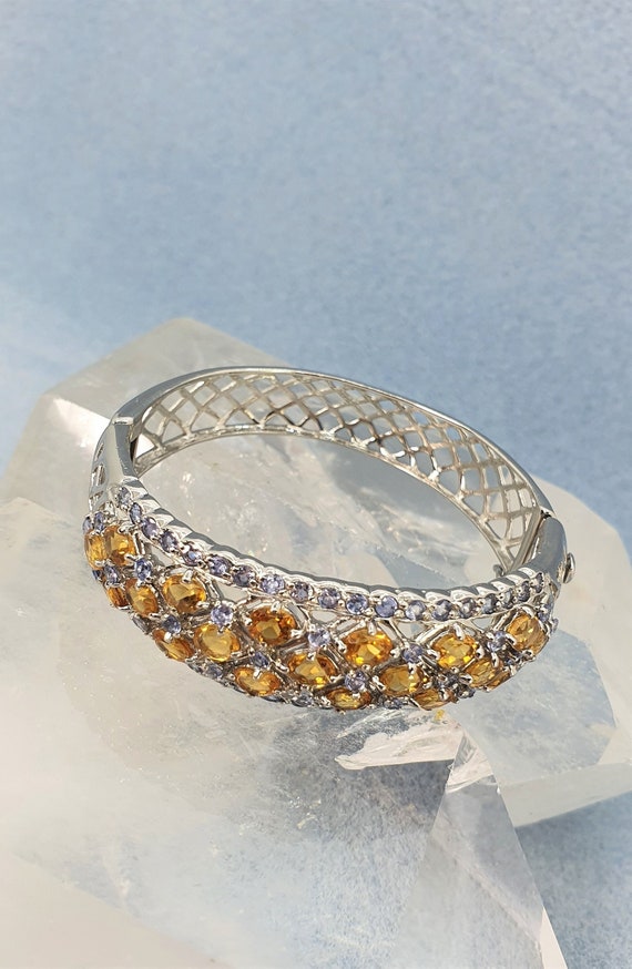 3.70 ct. t.w. Tanzanite and 1.60 ct. t.w. White Zircon Bangle Bracelet with  Blue Enamel in 18kt Gold Over Sterling | Ross-Simons