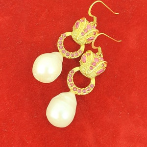 Baroque Pearl & Ruby Leopard Head Earrings 14K Gold Plate 925 Sterling Silver