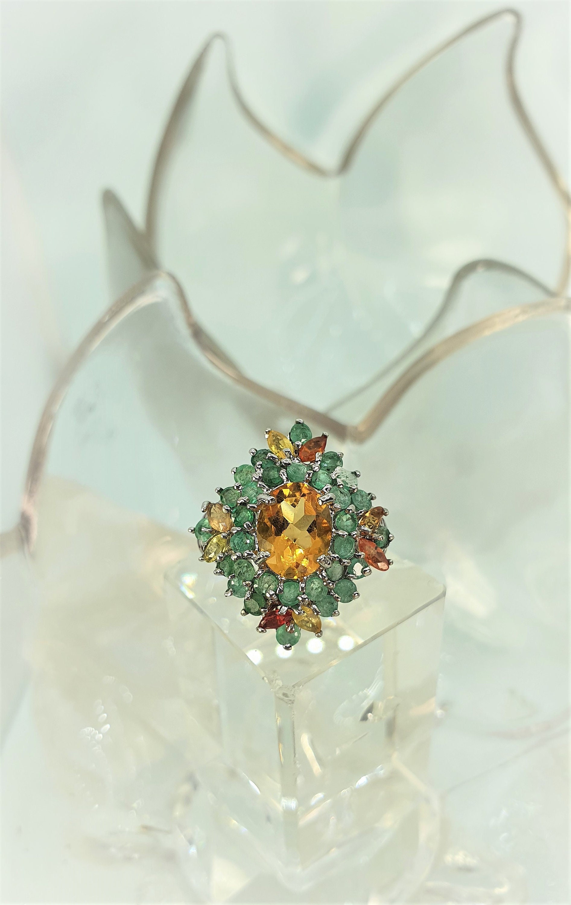 Cotrine, Emerald and Sapphire Ring 2-Tone 14K White & Yellow Gold Plate 925 Sterling Silver
