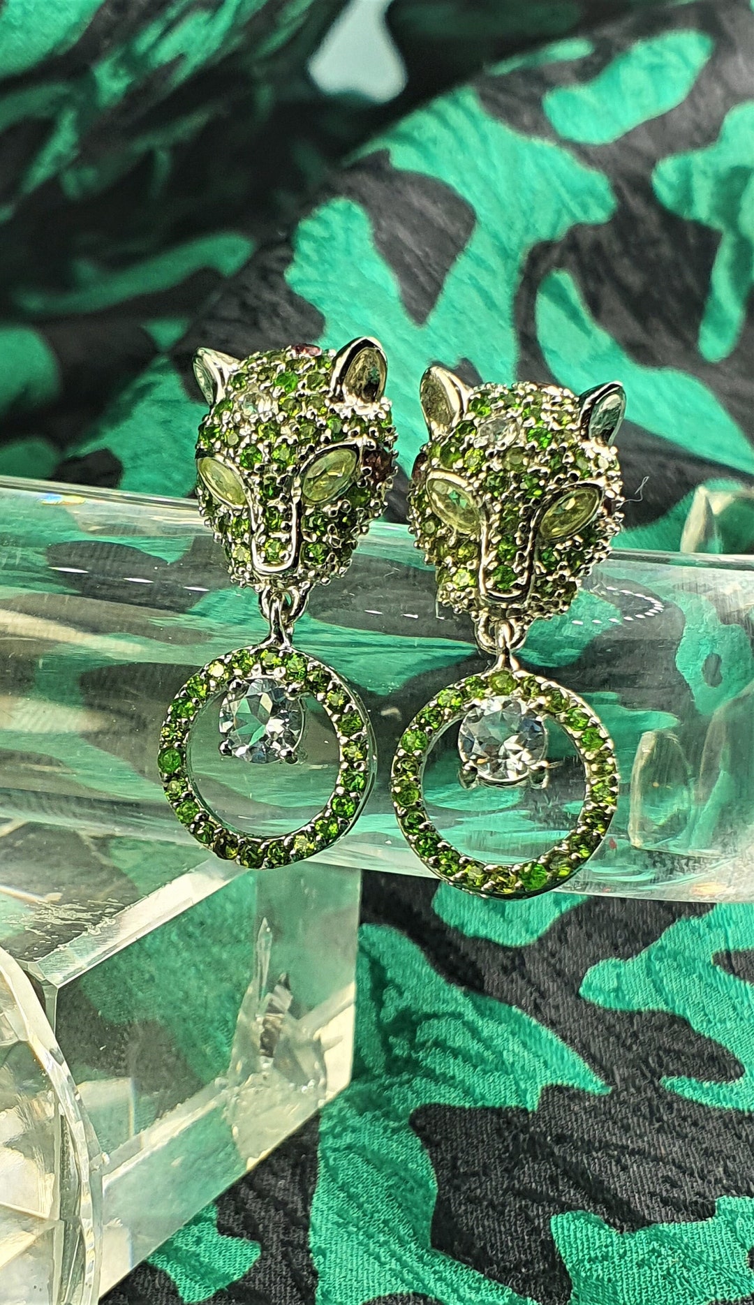 Tiger Earrings With Aquamarine, Peridot, Chrome Diopside & White