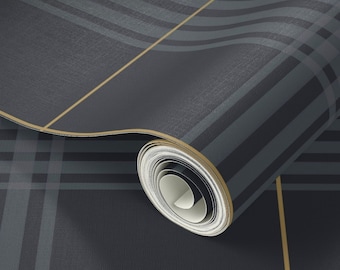 Dark Blue Plaid Wallpaper with Gold Lines - Peel and Stick
