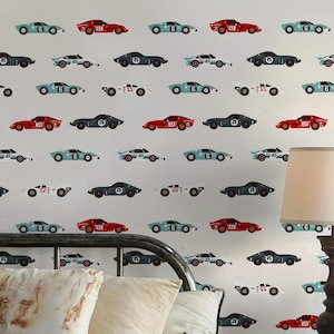 Retro Race Car Wallpaper, Removable F1 Car Wallpaper, Kids Car Wall Decor, Vintage Hot Rod Wall Paper, Boys Bedroom Peel and Stick