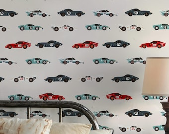 Retro Race Car Wallpaper, Peel and Stick Kids Bedroom Wall Paper, Playroom Wall Covering
