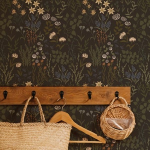 Carta da parati vintage floreale scura staccabile e attaccabile, carta da parati botanica, carta da parati temporanea, decorazione accademica scura, decorazione murale adatta agli inquilini