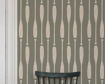 Paddle Wallpaper, Removable Cabin Wallpaper, Kids Canoe Lake House Wall Decor, Vintage Fishing Wall Paper, Boys Room Peel and Stick