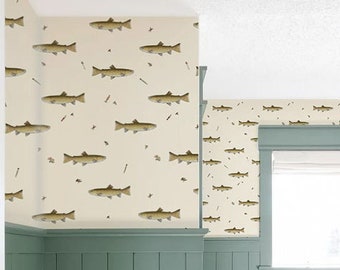 Fish Wallpaper, Rustic Lake Life Outdoors Peel and Stick Wallpaper, Vintage Forest Cabin Lodge Home Removable, Camping Wallpaper Kids Room