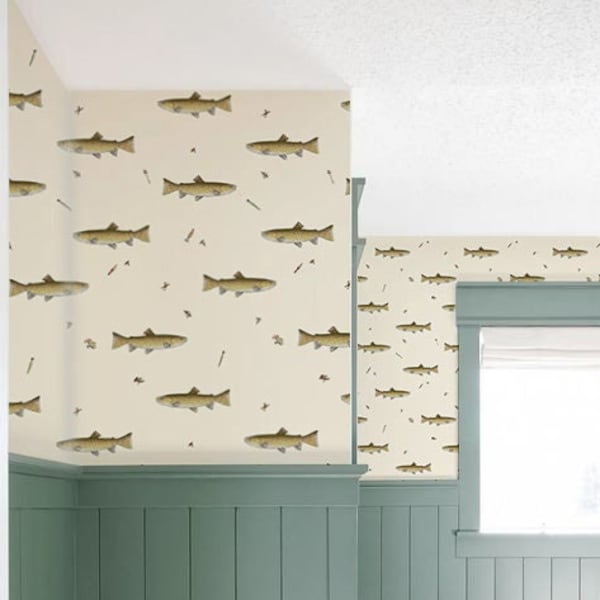 Fish Wallpaper, Rustic Lake Life Outdoors Peel and Stick Wallpaper, Vintage Forest Cabin Lodge Home Removable, Camping Wallpaper Kids Room