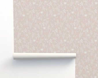 Blush Pink Floral Line Peel en Stick Wallpaper, Botanisch Behang, Tijdelijk Behang, Neutraal Meisjes Decor, Huurder Vriendelijk Muur Decor