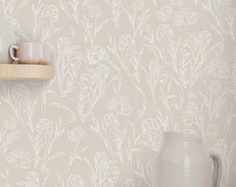 Neutral Floral Line Wallpaper, Vintage French Peel and Stick Wallpaper, Whimsical Self Adhesive Wallpaper, Simple Boho Nursery Accent Wall