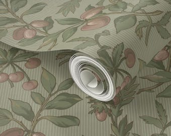 Plum Floral Wallpaper, English Heritage Farmhouse Removable Wall Paper, Green Botanical Bedroom Decor