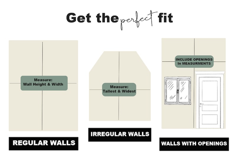 May include: Image with text "Get the perfect fit" and diagrams for measuring walls. Includes instructions for regular, irregular, and walls with openings. Text prompts to measure wall height and width, and tallest and widest.