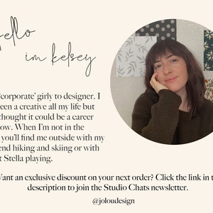 May include: A promotional image featuring a woman with dark hair and a dark green sweater. Text includes "Hello, I'm Kelsey" and a description of her journey from corporate to designer. The image also mentions a discount offer.