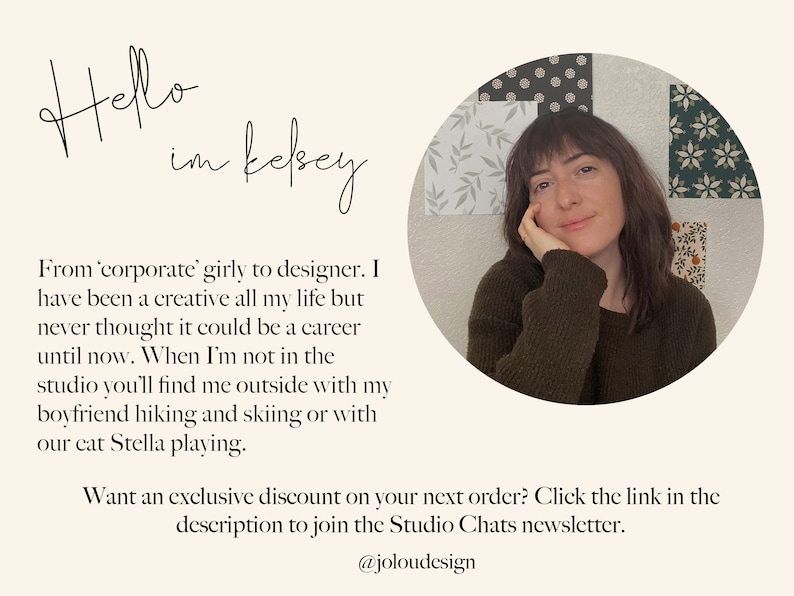 May include: A promotional image featuring a woman with dark hair and a dark green sweater. Text includes "Hello, I'm Kelsey" and a description of her journey from corporate to designer. The image also mentions a discount offer.