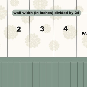 May include: Diagram showing how to calculate wallpaper panel sizes. The image is divided into five panels, with the text "wall width (in inches) divided by 24" and the word "PANELS" visible.