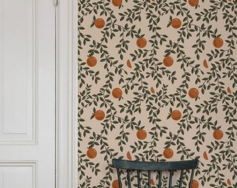 Citrus Wallpaper, Vintage Fruit Wall covering, Green Wallpaper, Peel and Stick Kitchen Wallpaper, Removable Wallpaper Floral, Boho Botanical