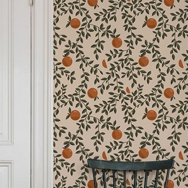 Citrus Wallpaper, Vintage Fruit Wall covering, Green Wallpaper, Peel and Stick Kitchen Wallpaper, Removable Wallpaper Floral, Boho Botanical