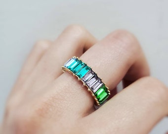 Rainbow Ring, TURQUOISE DAZZLE, Rainbow Band, Eternity Band, Baguette Ring, Statement Ring 925 Sterling Silver Ring