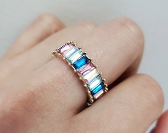 Rainbow Ring, LONE PINK in the SEA, Baguette Ring, Rainbow Band,  Eternity Band, Statement Ring 925 Sterling Silver Ring