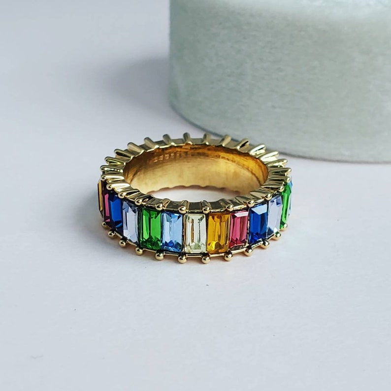 Rainbow Ring, Rainbow Band, Color: RAINBOW, Baguette Ring, Eternity Band, Statement Ring 925 Sterling Silver Ring image 5