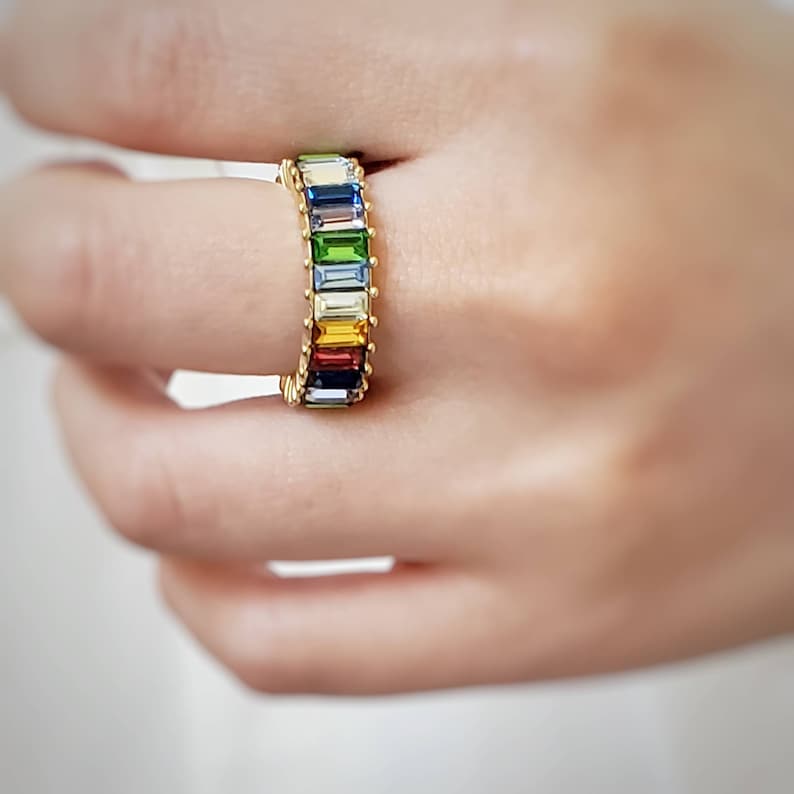 Rainbow Ring, Rainbow Band, Color: RAINBOW, Baguette Ring, Eternity Band, Statement Ring 925 Sterling Silver Ring image 2