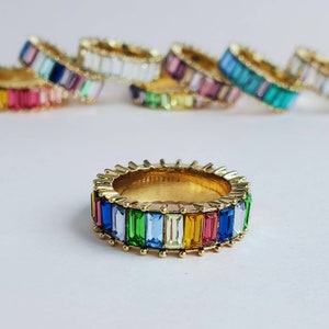 Rainbow Ring, Rainbow Band, Color: RAINBOW, Baguette Ring, Eternity Band, Statement Ring 925 Sterling Silver Ring image 3