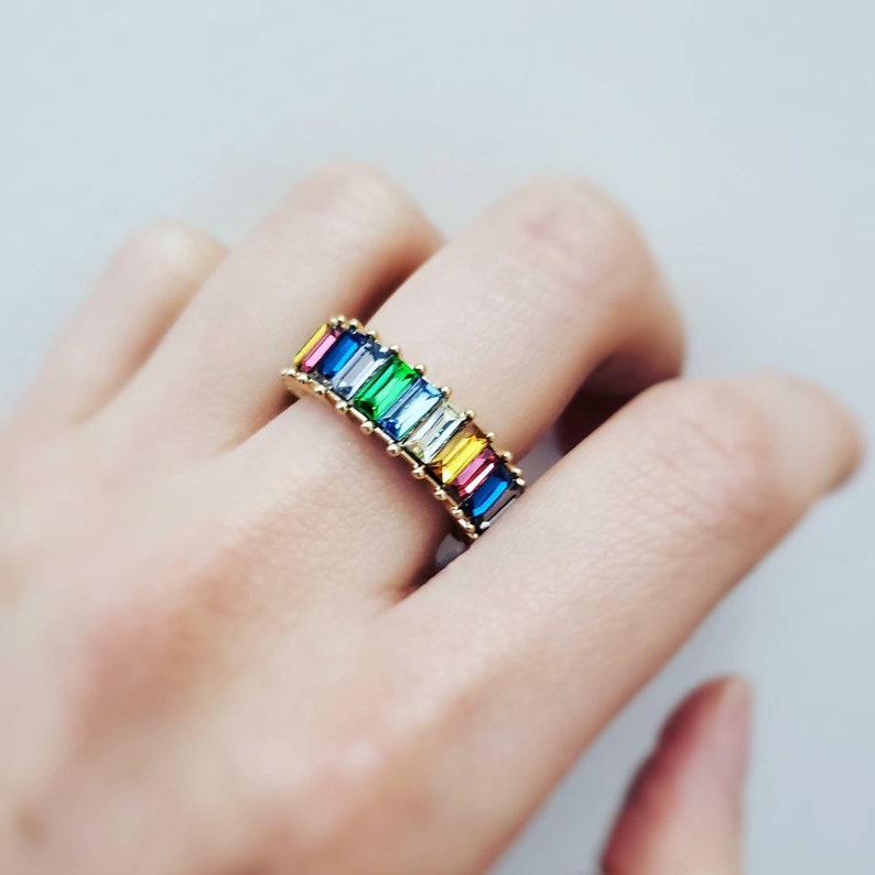 Rainbow Ring, Rainbow Band, Color: RAINBOW, Baguette Ring, Eternity Band, Statement Ring 925 Sterling Silver Ring image 1