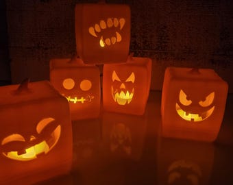 Small Plastic Square Pumpkin Jack-O-Lantern with LED Tea Light Halloween Décor