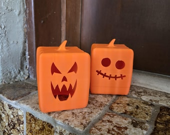 Small Plastic Square Pumpkin Jack-O-Lantern with LED Tea Light | Different Faces | Halloween Fall Décor | Unique Modern Home Accent