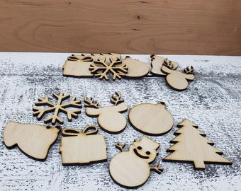 12 pack of small, assorted Blank Christmas wood cut outs