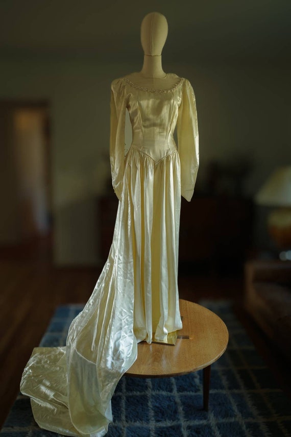 1940s Silk Satin Ivory Wedding Dress with Beaded C