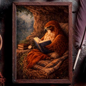 May include: A framed artwork depicts a hawk reading a book in a cozy setting. The hawk, with brown and white feathers, is nestled in a nest-like structure, draped with a blanket. A stack of books and a pocket watch are nearby. The artwork has a warm, inviting color palette.