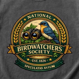 May include: A circular graphic featuring a blue and orange bird perched near binoculars, with the text "NATIONAL BIRDWATCHERS SOCIETY EST. 1826 SPECULATIO AVIUM" in a green and gold design. The image is on a gray background.