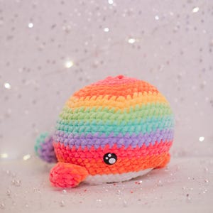 handmade crochet rainbow whale plushie, amigurumi stuffed animal, perfect for gifts