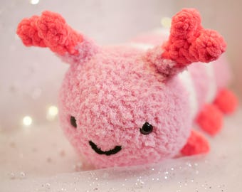handmade amigurumi caterpillar plush, valentines gift, pink hearts, cute gift for couples