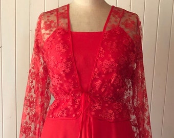 Red maxi dress.  Lace jacket. Vintage 1970s. Two piece set. Retro evening wear. Disco.