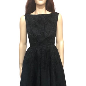 Vintage 1950s Flocked Velvet Black Cocktail Dress, Full Skirt, Little black dress, short sleeved evening