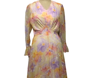 1970s floral maxi dress, chiffon maxi dress, bohemian vintage, floral festival