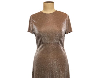 Vintage 1970s Bronze Lurex Midi Dress, Glitter Party Dress