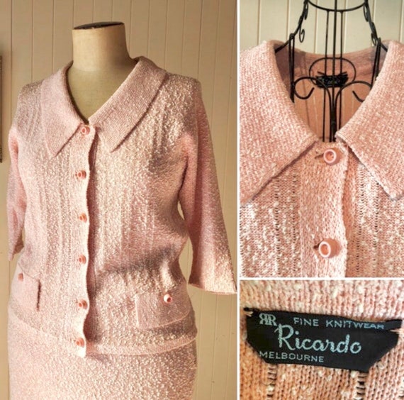 Vintage 1960s pink knit suit, two piece set. Ladi