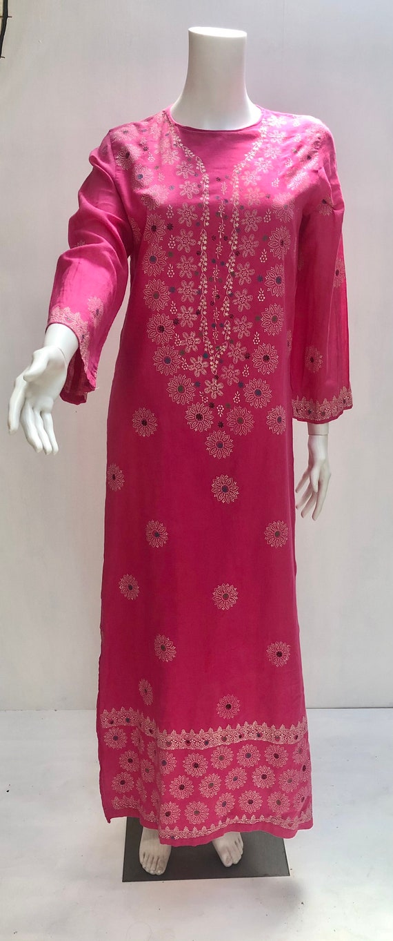 pink cotton Kaftan, hand painted kaftan, vintage … - image 3