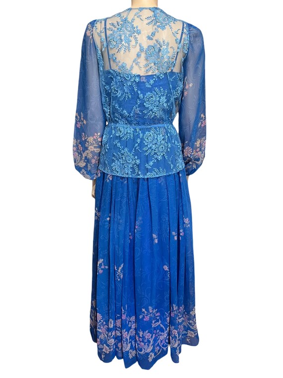 1970s strapless blue floral maxi dress and jacket, bl… - Gem