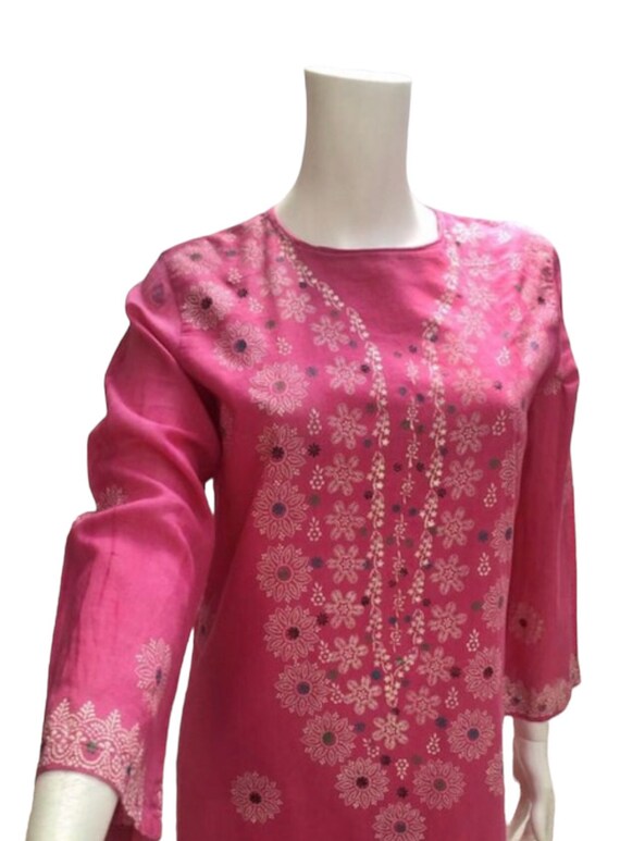 pink cotton Kaftan, hand painted kaftan, vintage … - image 1