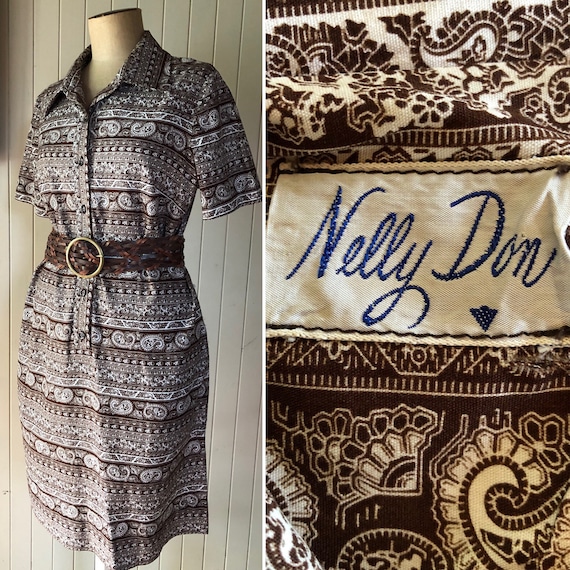 Vintage Paisley cotton dress. Brown and white. Ne