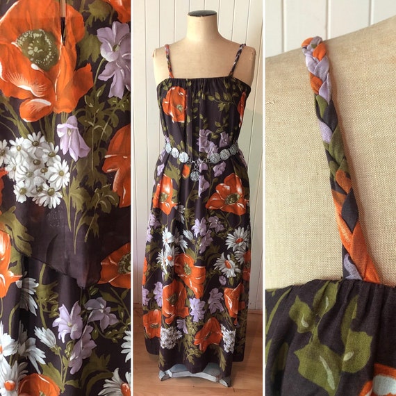 Vintage 1970s Floral sundress. Capelet. Sleevele