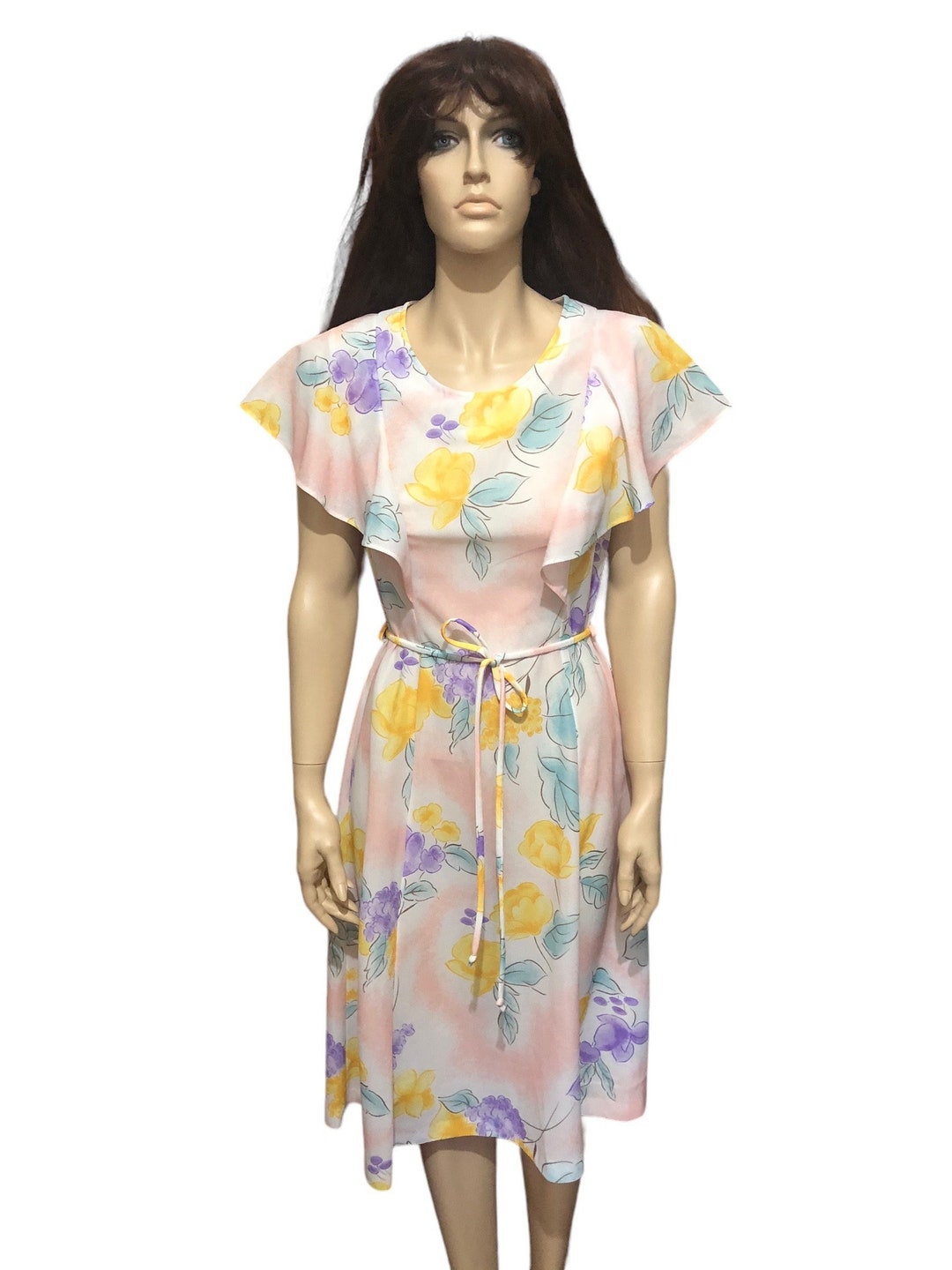 70's V-Neck Belted Floral Day Dress