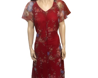 Red floral vintage dress, 1970s day dress, boho mid dress