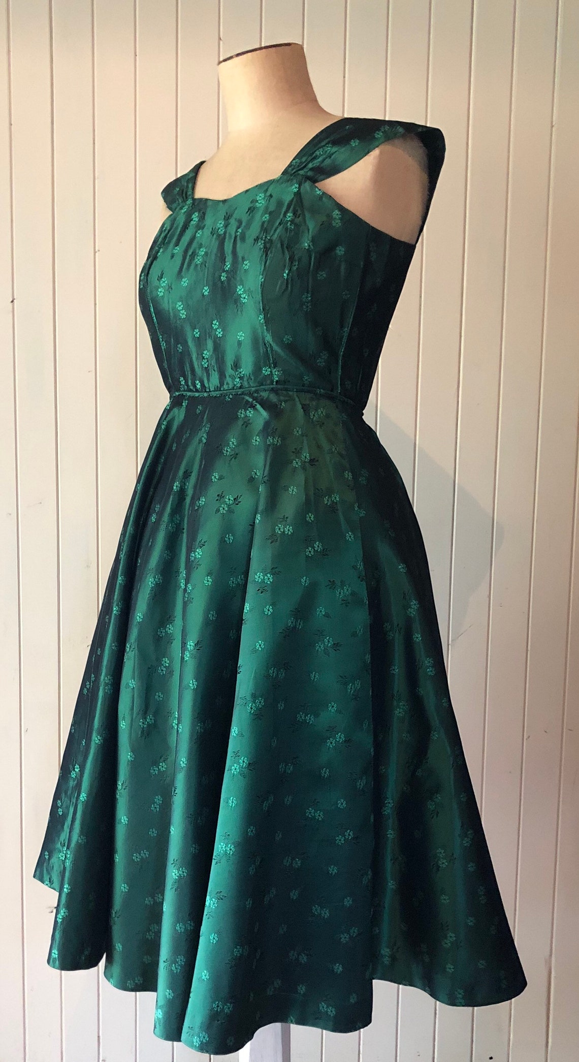 Vintage 1950s swing dress Green floral satin with bolero. Etsy